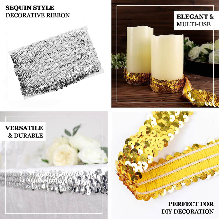 Metallic gold sequin stretch fabric ribbon for crafting and decoration.