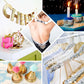 Metallic gold sequin stretch fabric ribbon for crafting and decoration.