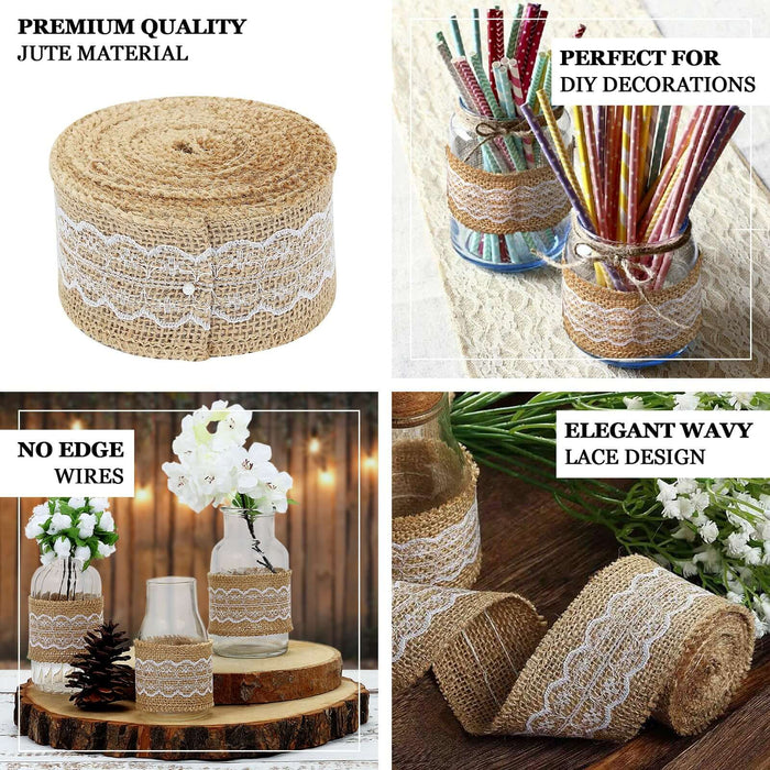 Natural jute burlap ribbon with wavy lace design, perfect for DIY decorations.