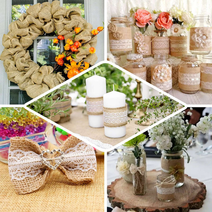 Natural jute burlap ribbon with wavy lace for crafting and decor.