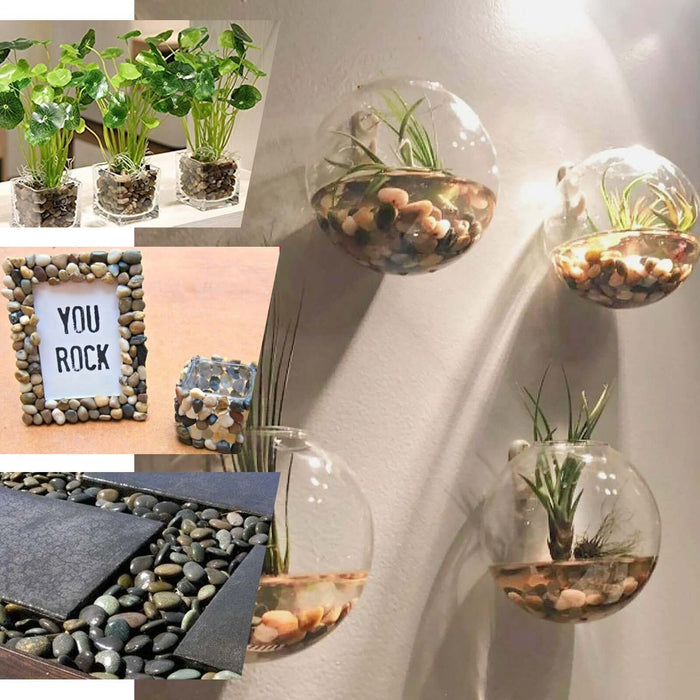 Assorted natural polished decorative stones for vases and landscaping.