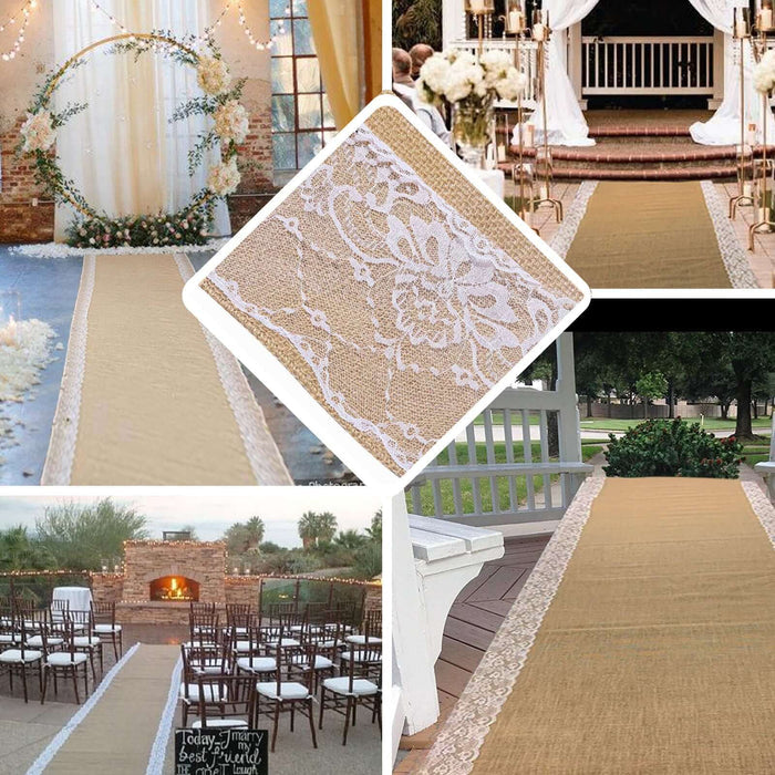 30FT Natural Jute Burlap Aisle Runner with White Floral Lace Borders