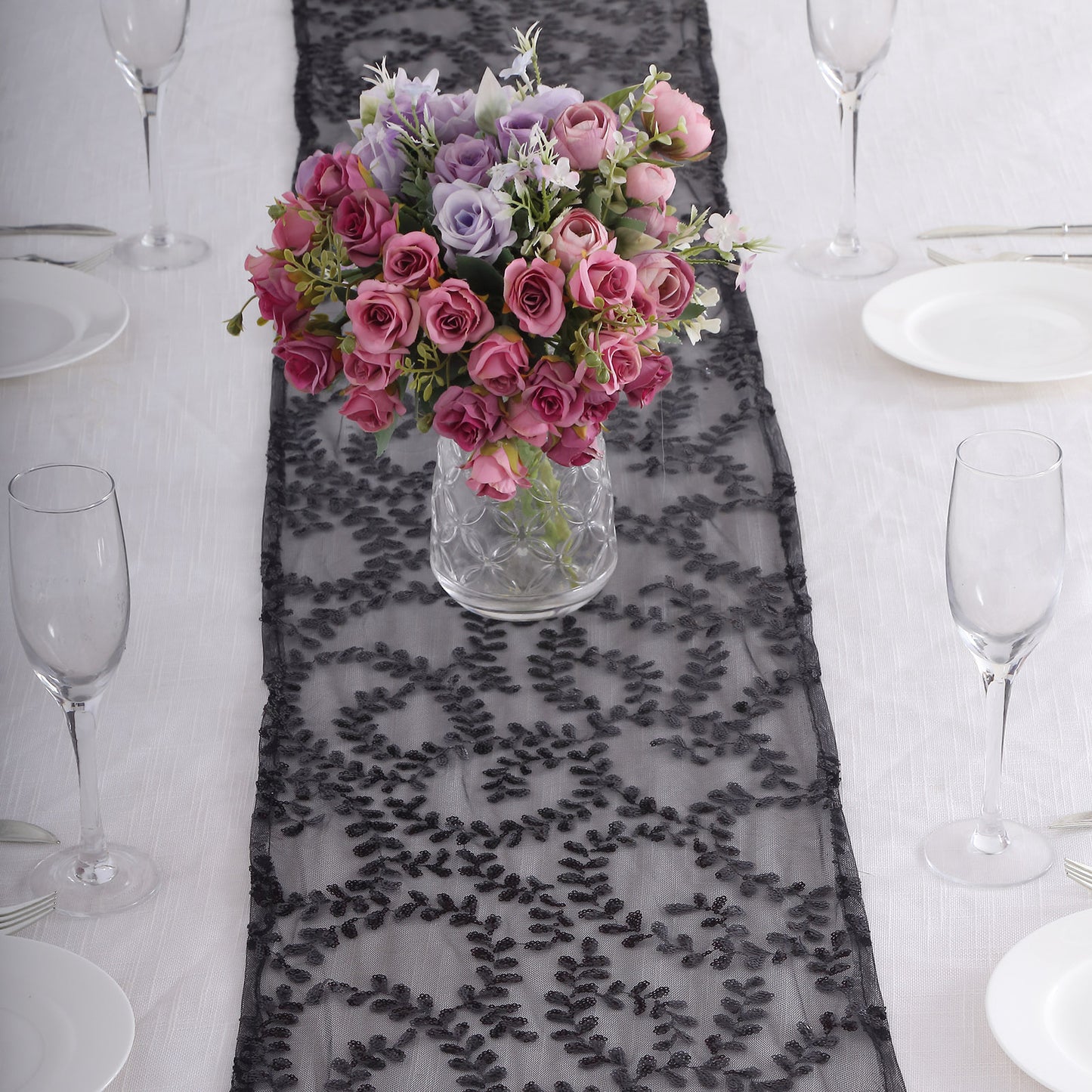 12"x108" Sparkly Black Leaf Vine Sequin Tulle Table Runner