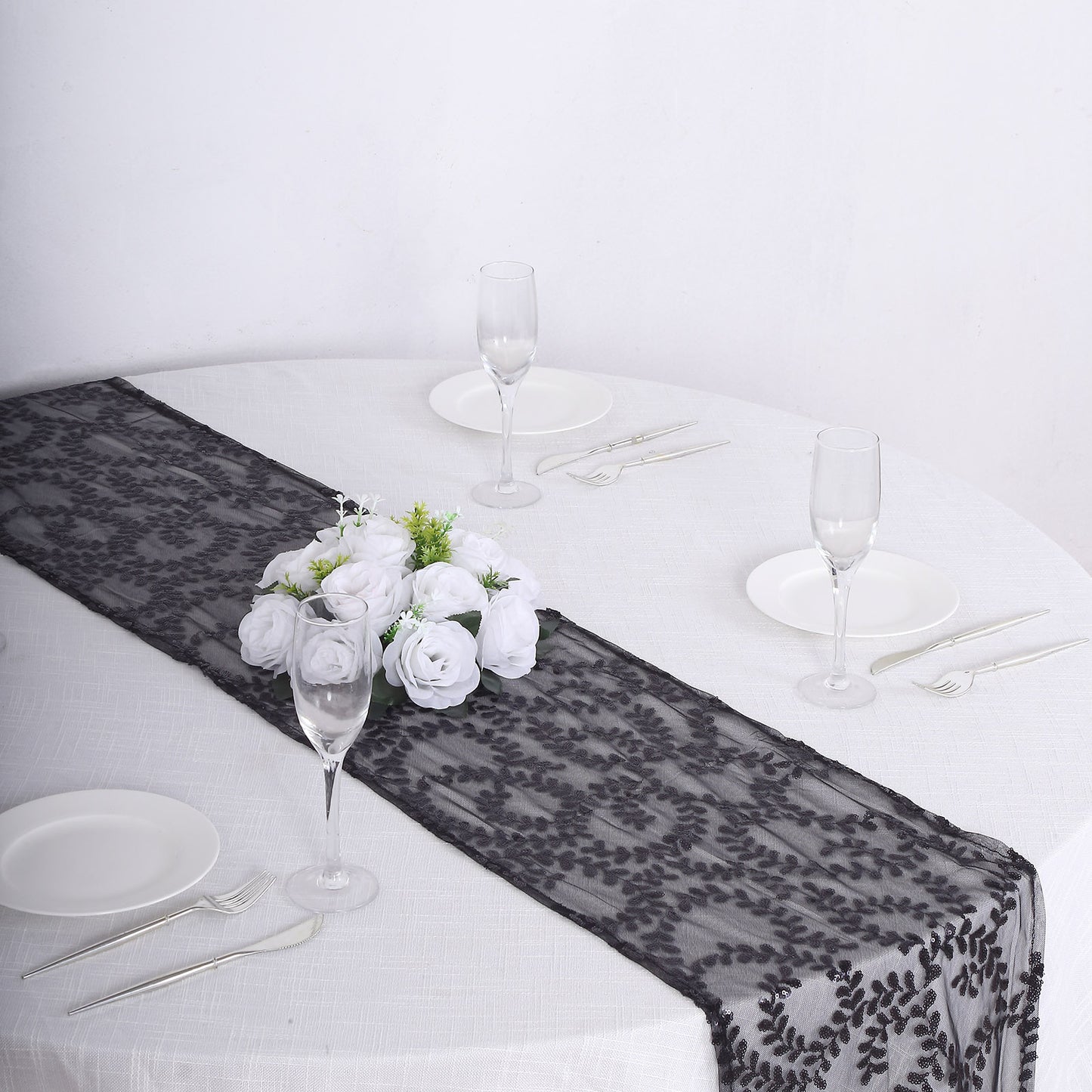 12"x108" Sparkly Black Leaf Vine Sequin Tulle Table Runner