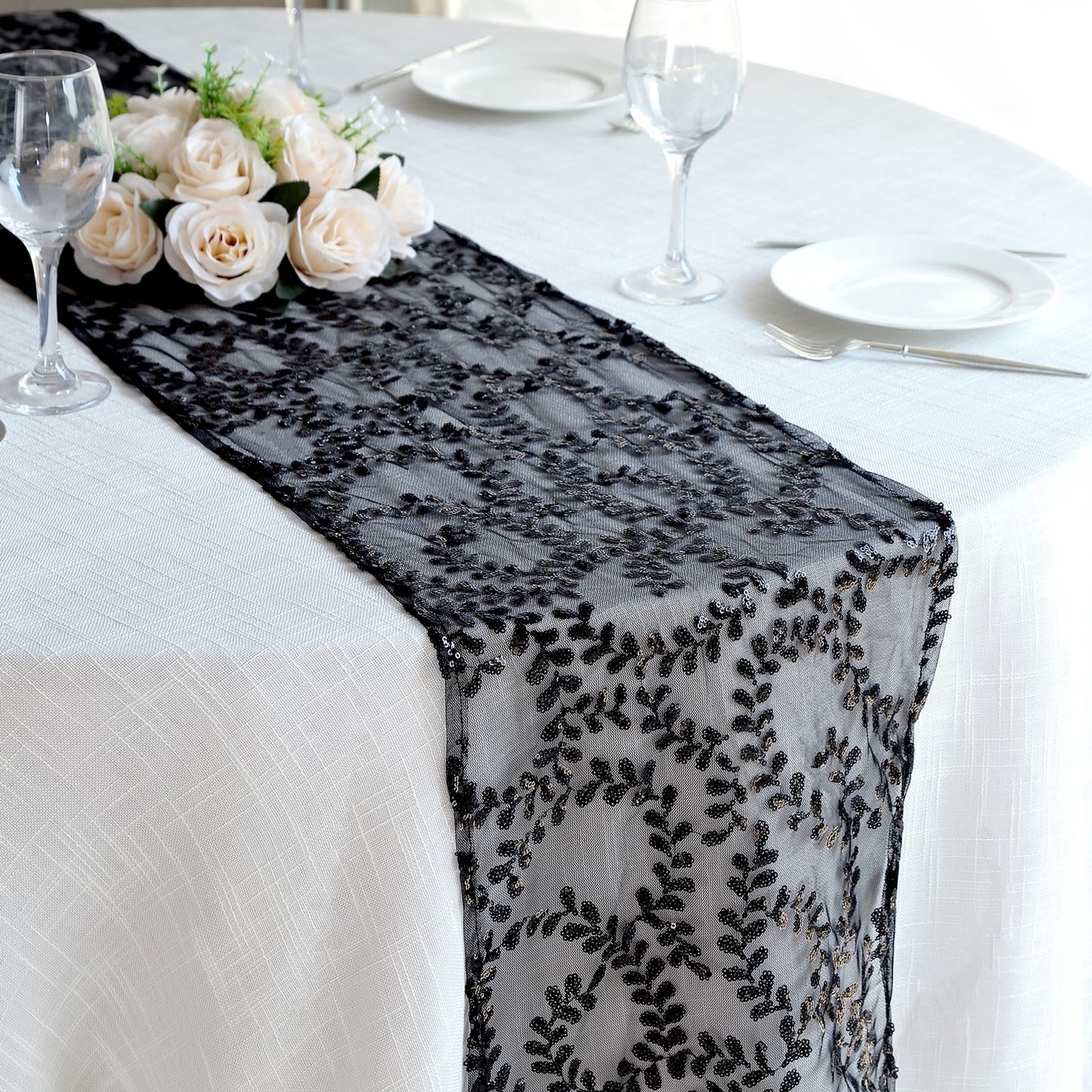12"x108" Sparkly Black Leaf Vine Sequin Tulle Table Runner