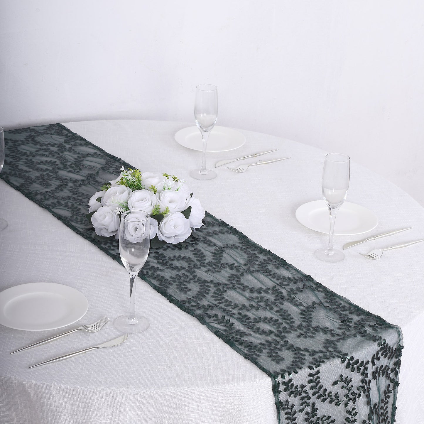 12"x108" Sparkly Hunter Emerald Green Leaf Vine Sequin Tulle Table Runner