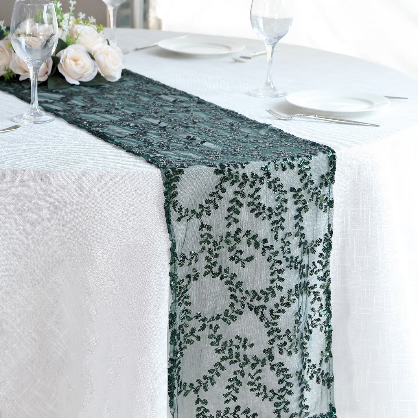 12"x108" Sparkly Hunter Emerald Green Leaf Vine Sequin Tulle Table Runner