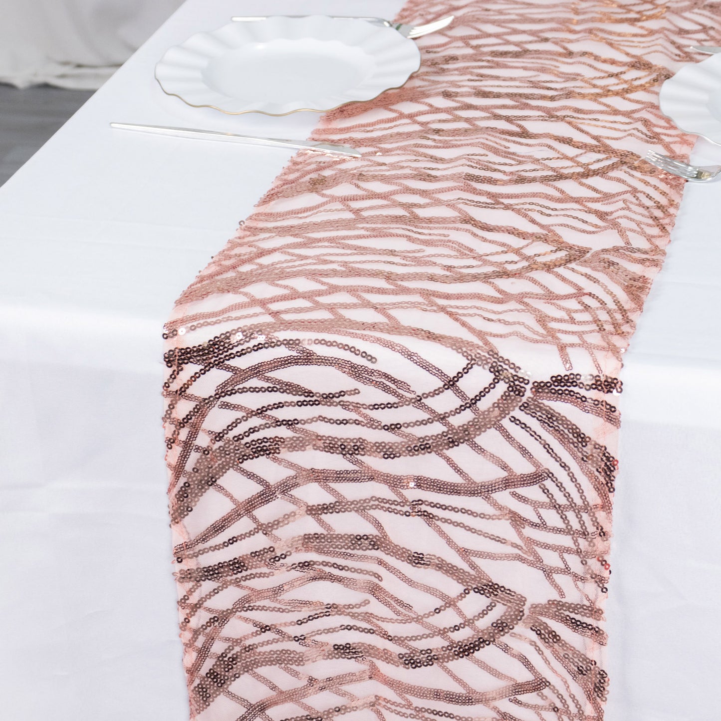 12"x108" Blush Wave Embroidered Sequins Table Runner