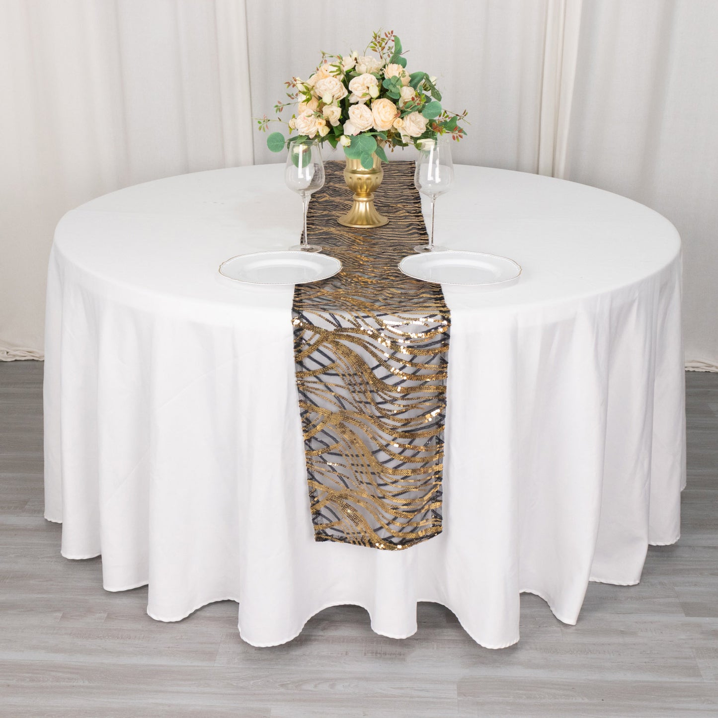 12"x108" Black Gold Wave Embroidered Sequins Table Runner