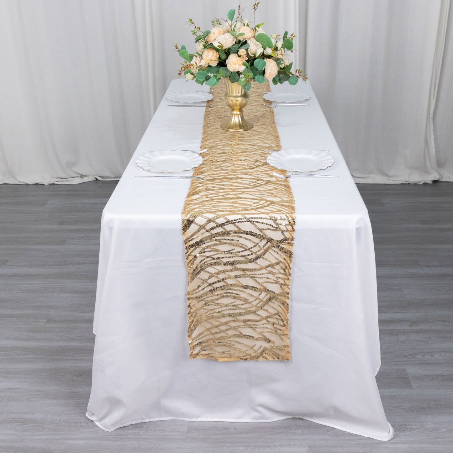 12"x108" Champagne Wave Embroidered Sequins Table Runner