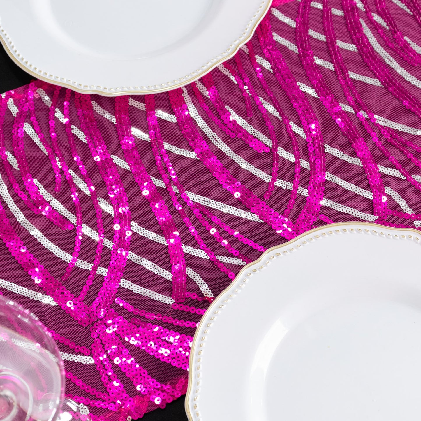 12"x108" Fuchsia Silver Wave Embroidered Sequins Table Runner