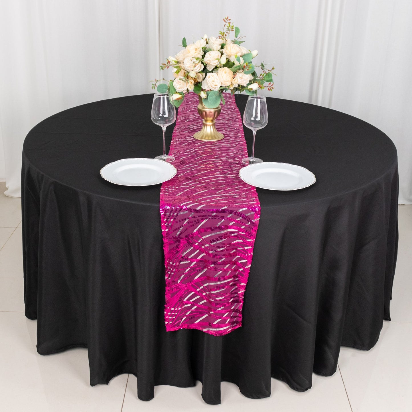 12"x108" Fuchsia Silver Wave Embroidered Sequins Table Runner