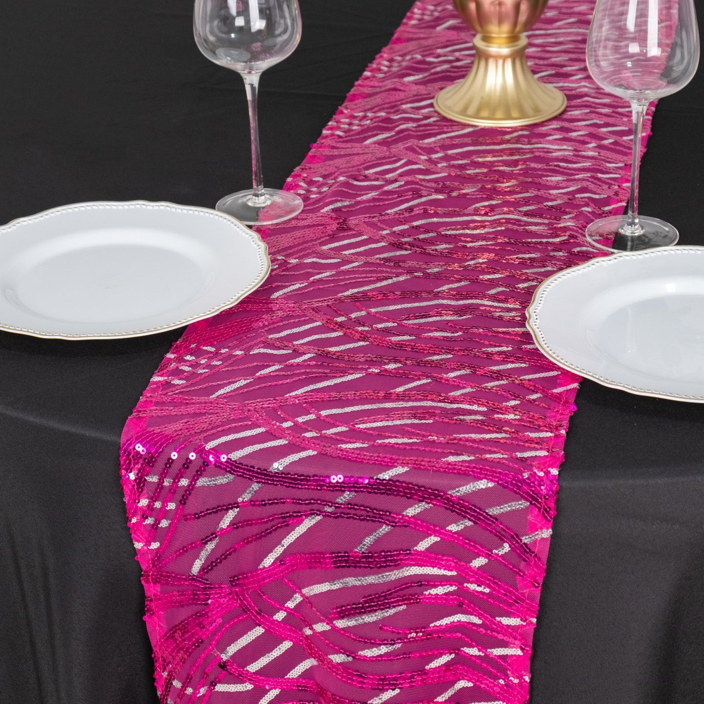 12"x108" Fuchsia Silver Wave Embroidered Sequins Table Runner