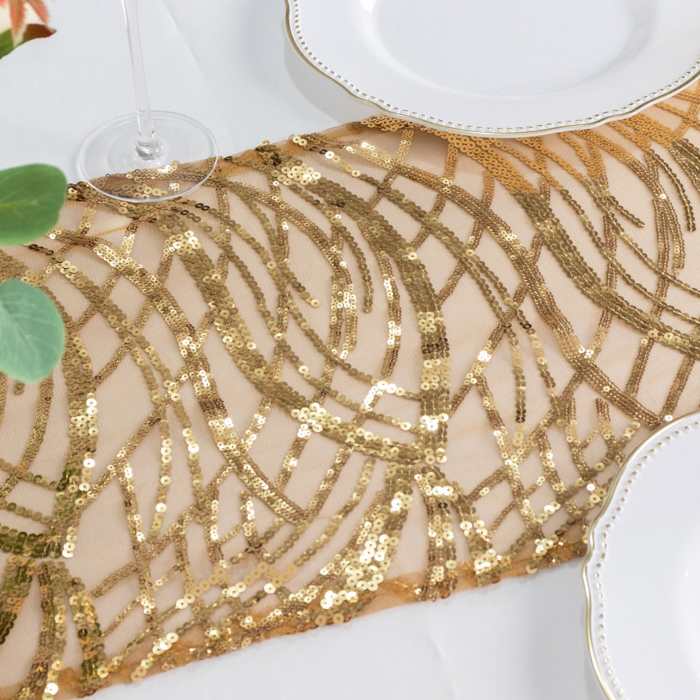 12"x108" Gold Wave Embroidered Sequins Table Runner