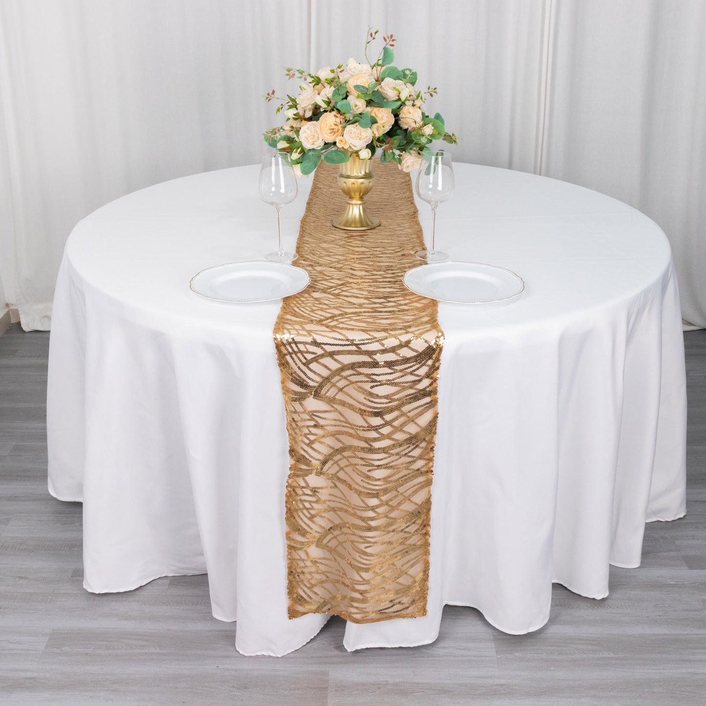 12"x108" Gold Wave Embroidered Sequins Table Runner