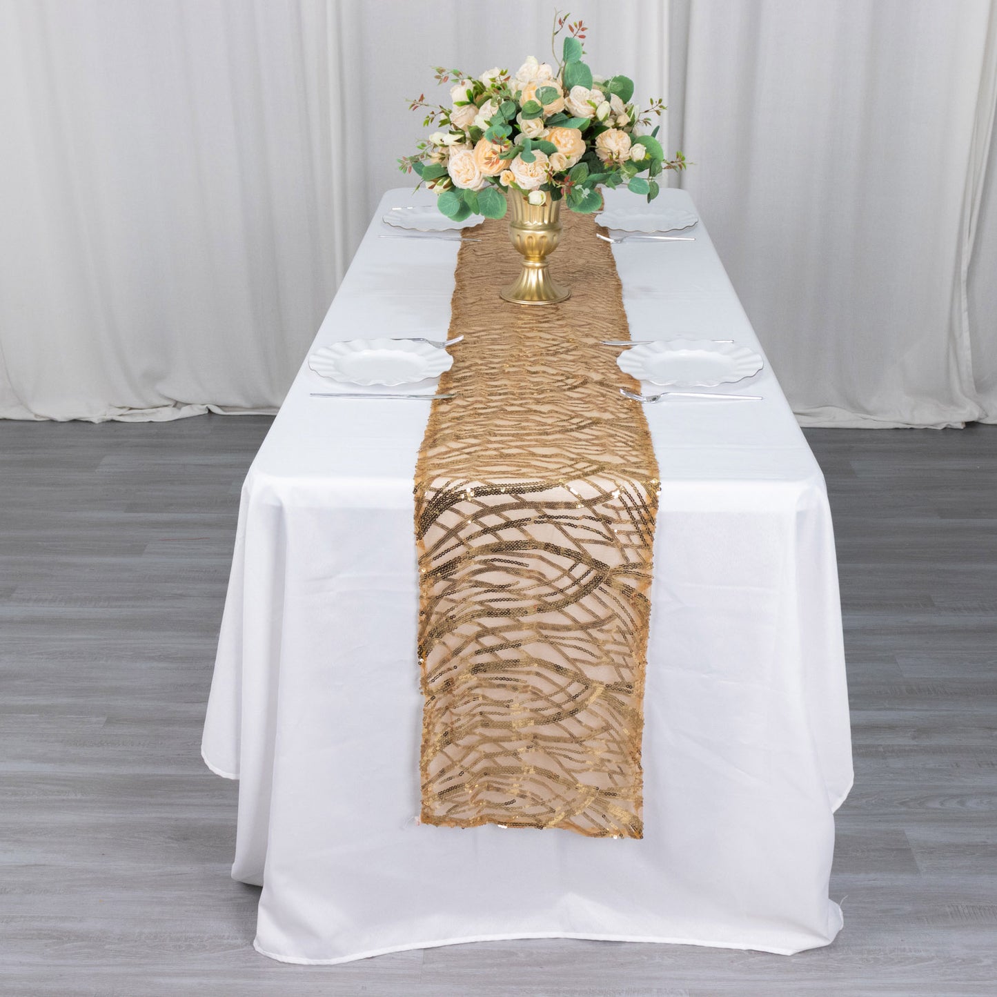 12"x108" Gold Wave Embroidered Sequins Table Runner