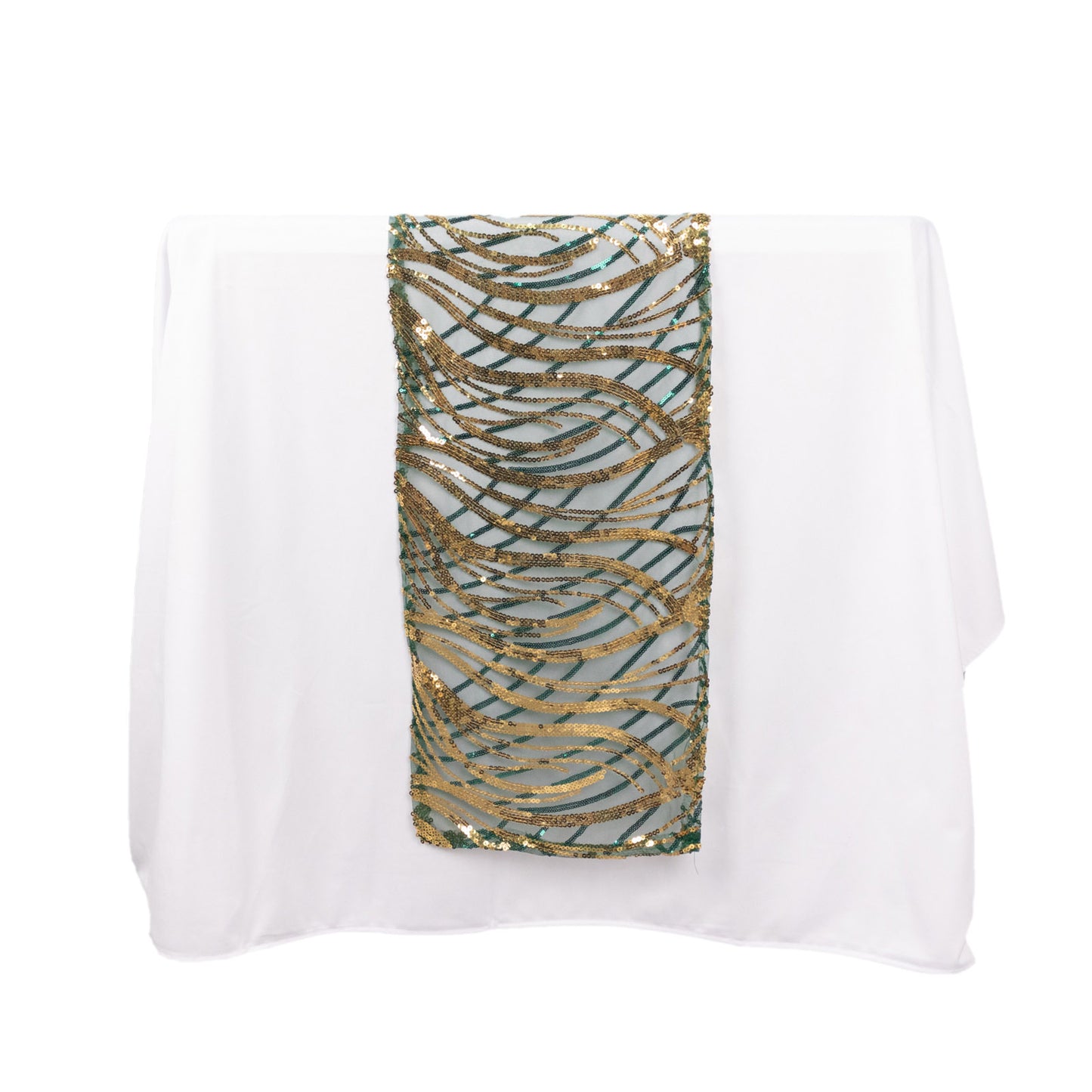 12"x108" Hunter Emerald Green Gold Wave Embroidered Sequins Table Runner