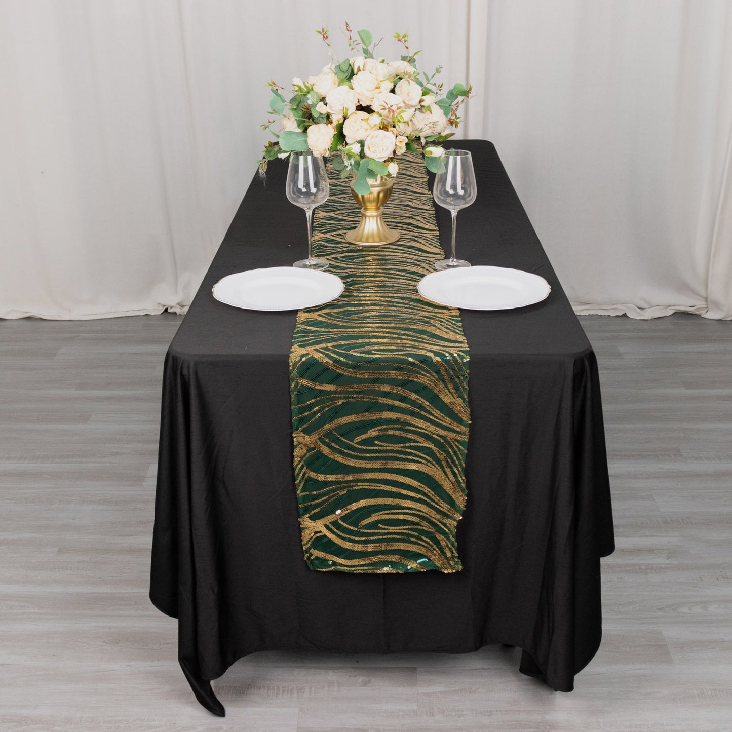 12"x108" Hunter Emerald Green Gold Wave Embroidered Sequins Table Runner