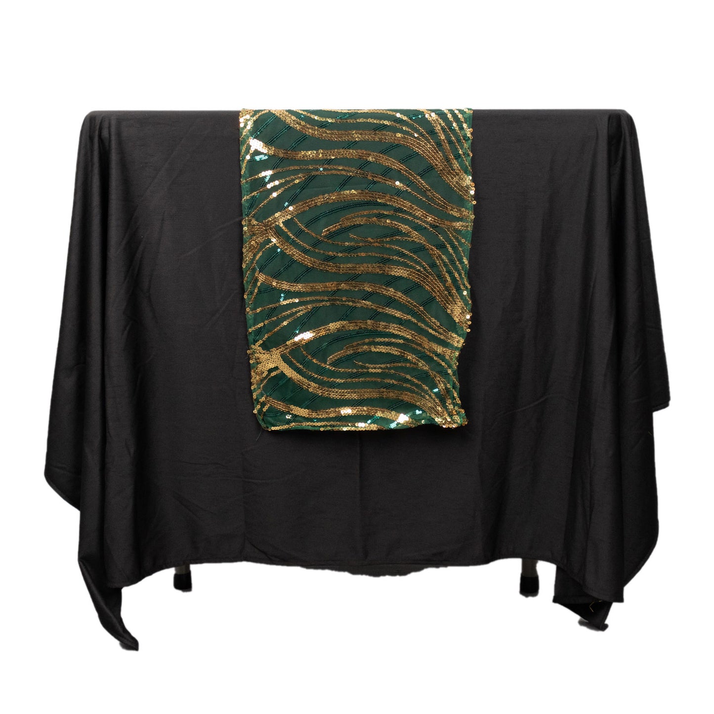 12"x108" Hunter Emerald Green Gold Wave Embroidered Sequins Table Runner