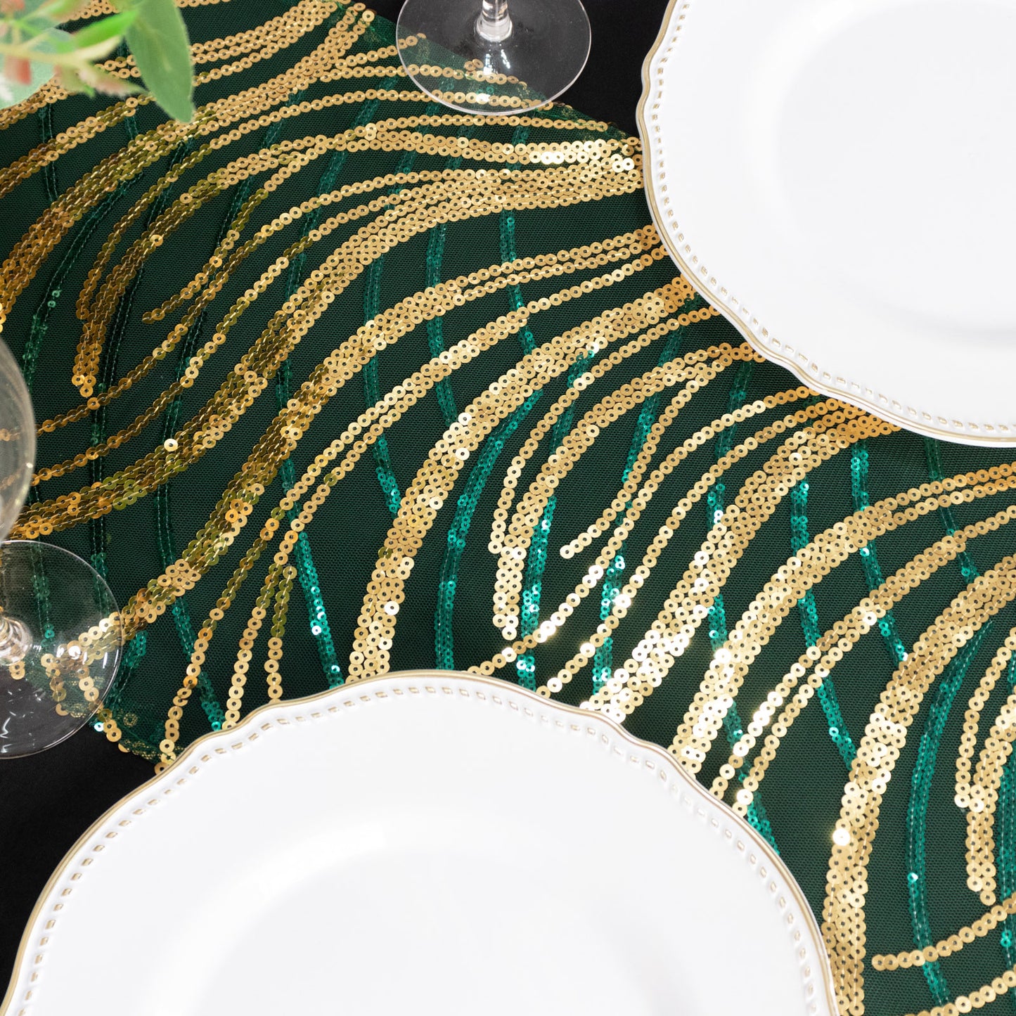 12"x108" Hunter Emerald Green Gold Wave Embroidered Sequins Table Runner