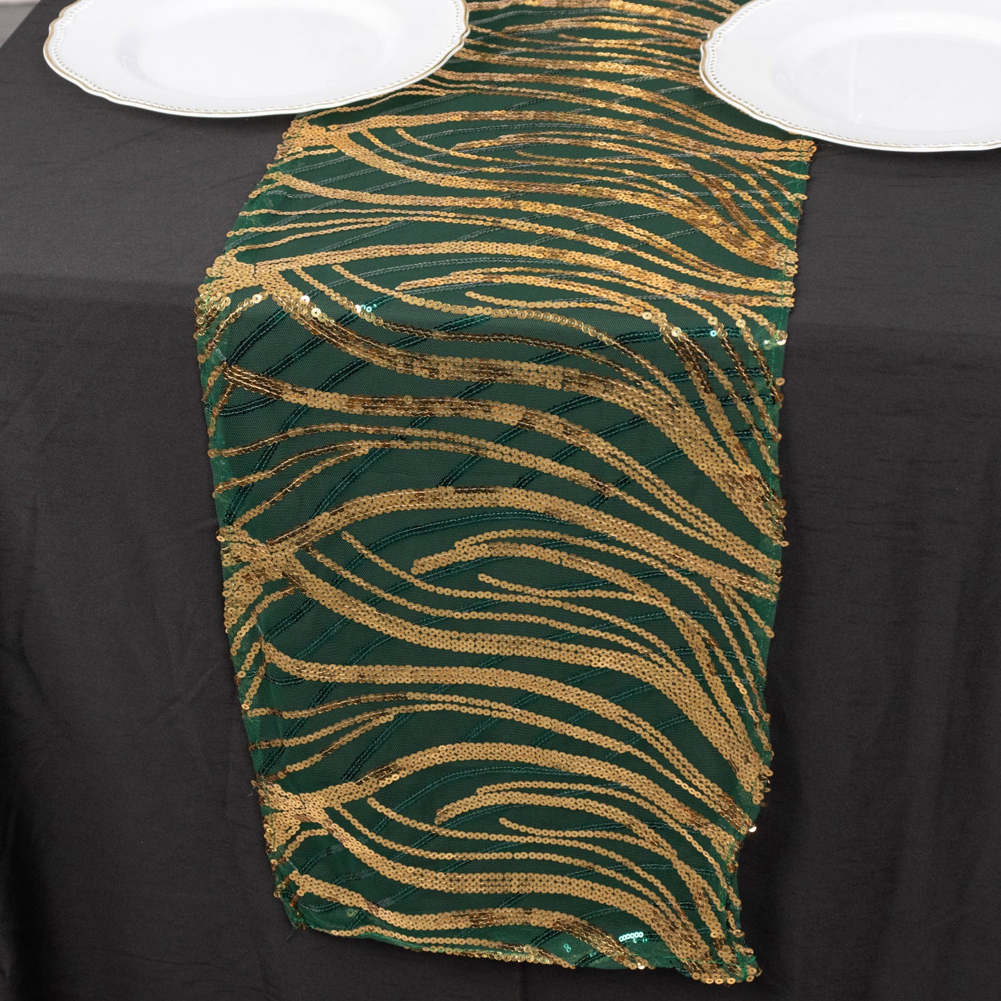 12"x108" Hunter Emerald Green Gold Wave Embroidered Sequins Table Runner