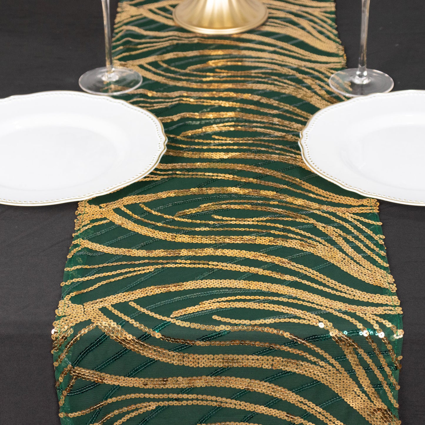 12"x108" Hunter Emerald Green Gold Wave Embroidered Sequins Table Runner