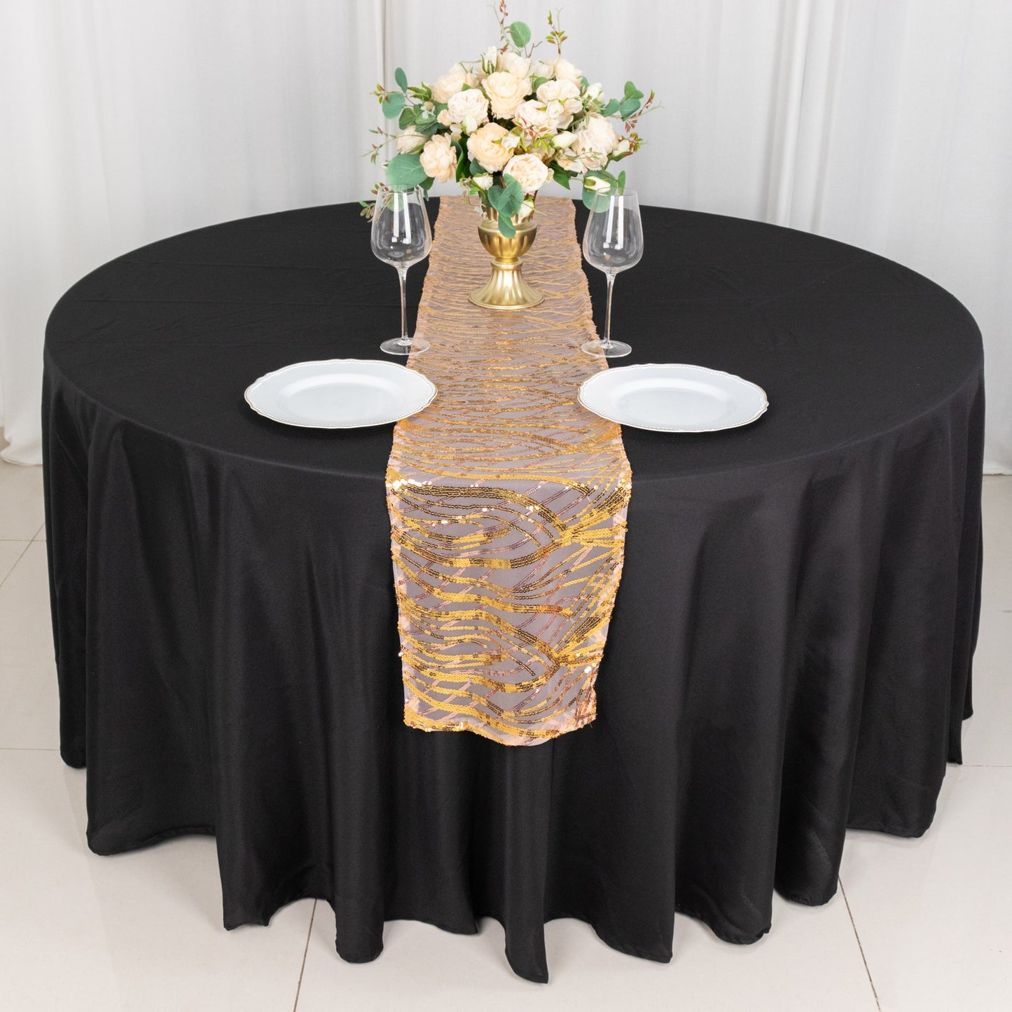 12"x108" Rose Gold Wave Embroidered Gold Sequins Table Runner