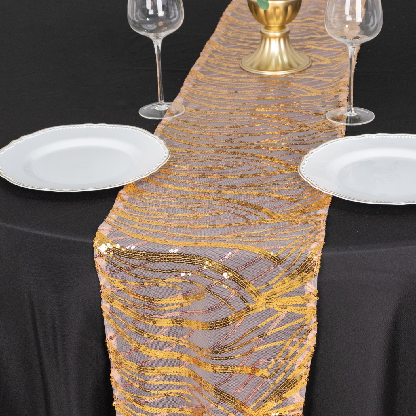 12"x108" Rose Gold Wave Embroidered Gold Sequins Table Runner