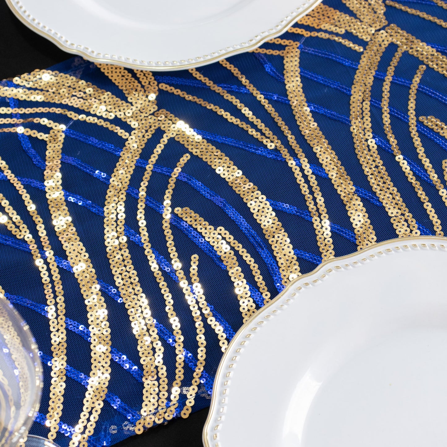 12"x108" Royal Blue Gold Wave Embroidered Sequins Table Runner