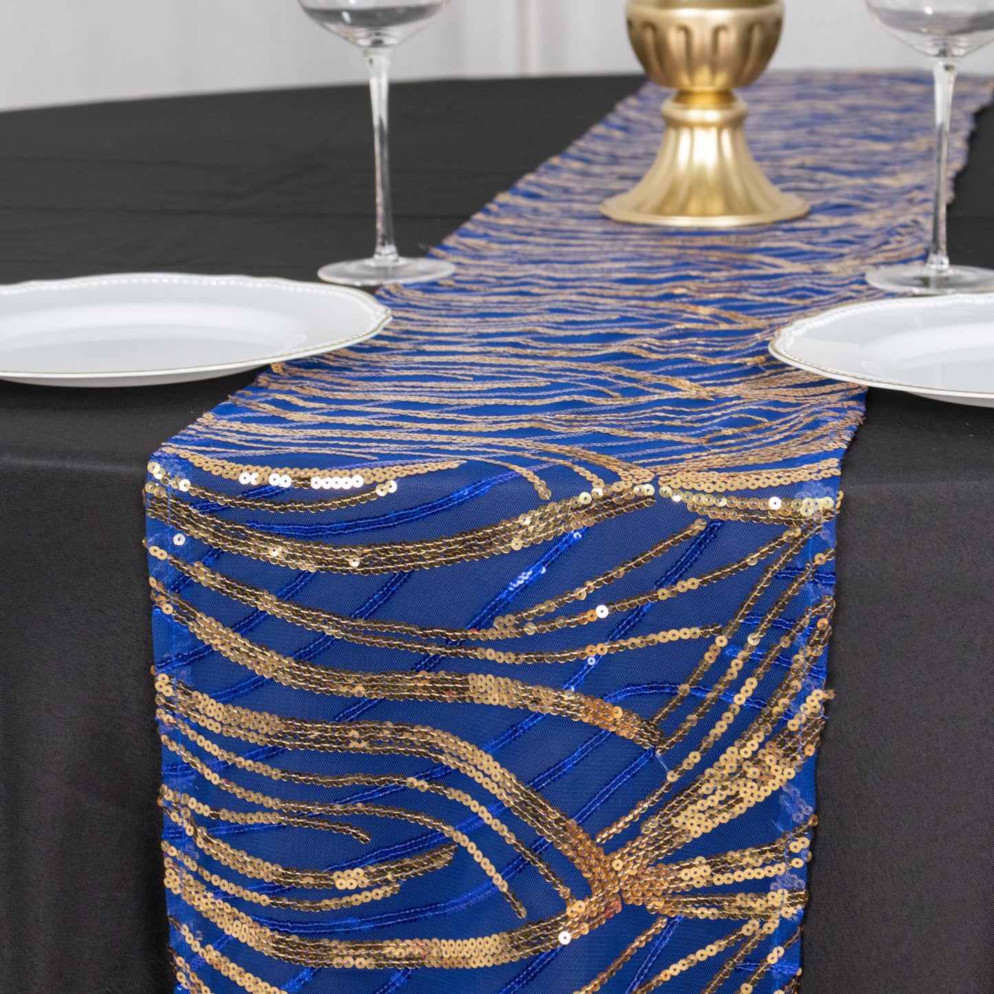 12"x108" Royal Blue Gold Wave Embroidered Sequins Table Runner