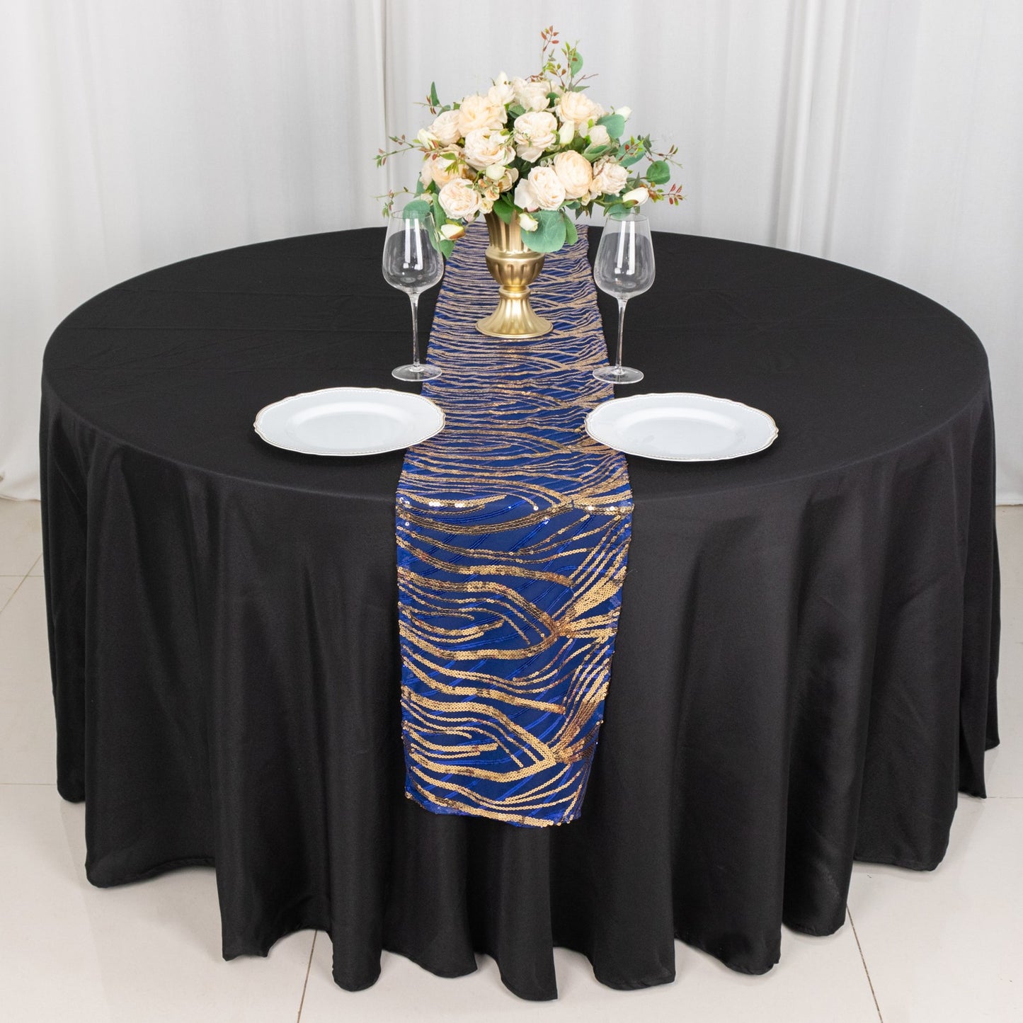 12"x108" Royal Blue Gold Wave Embroidered Sequins Table Runner