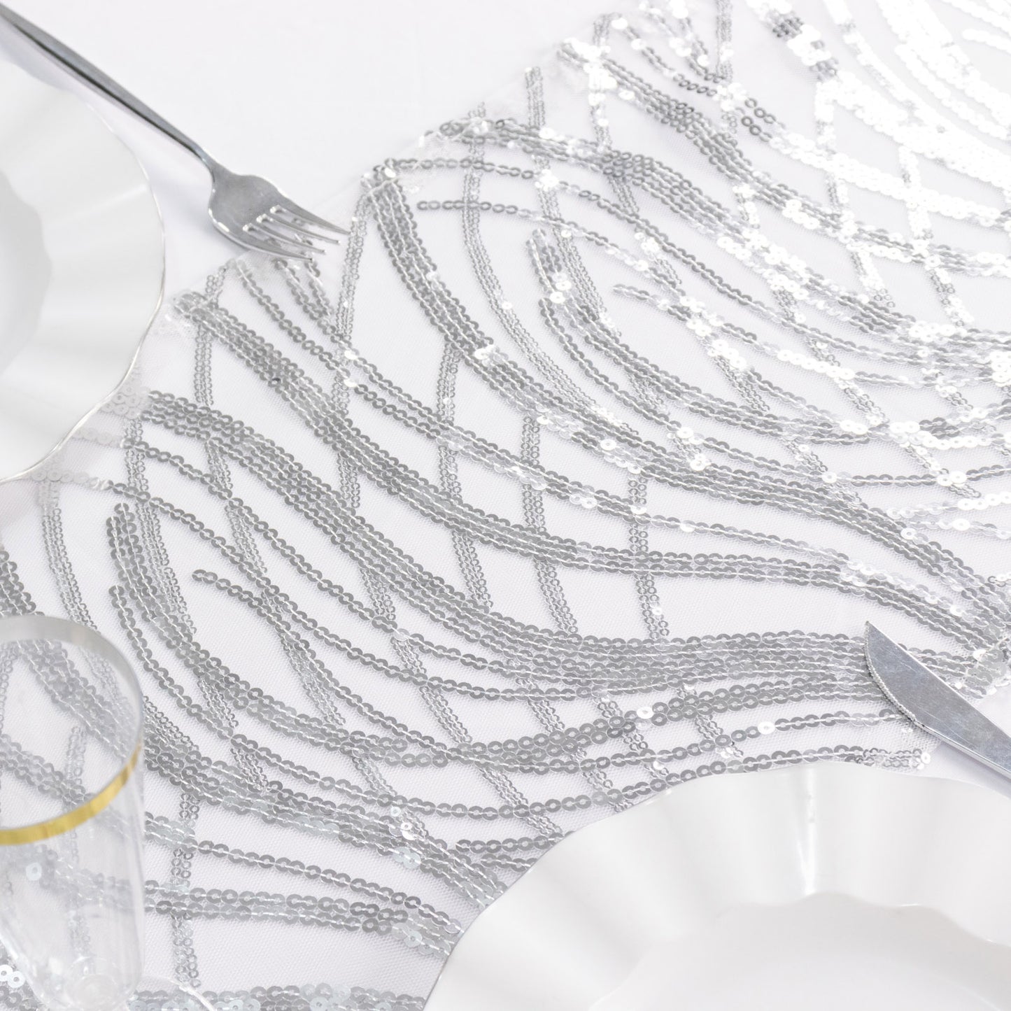 12"x108" Silver Wave Embroidered Sequins Table Runner