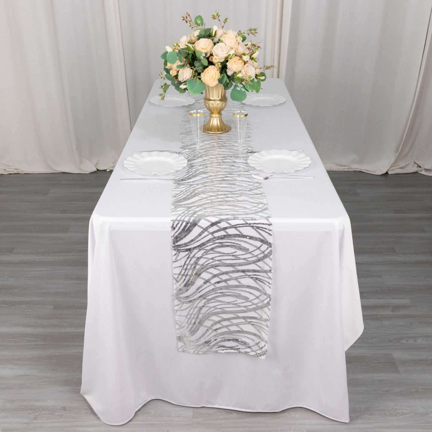12"x108" Silver Wave Embroidered Sequins Table Runner
