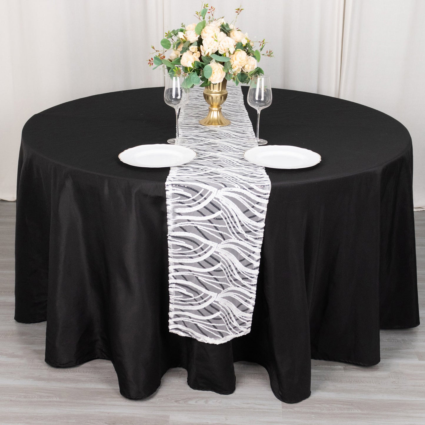 12"x108" White Black Wave Embroidered Sequins Table Runner