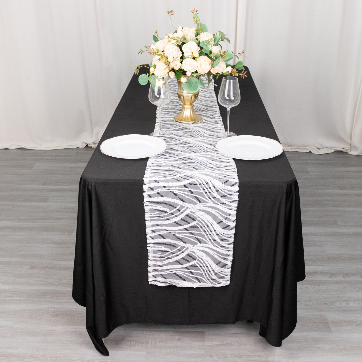 12"x108" White Black Wave Embroidered Sequins Table Runner