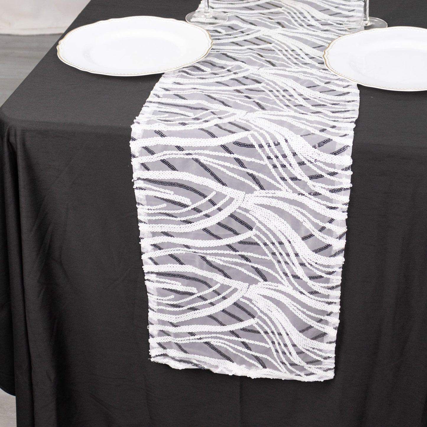 12"x108" White Black Wave Embroidered Sequins Table Runner