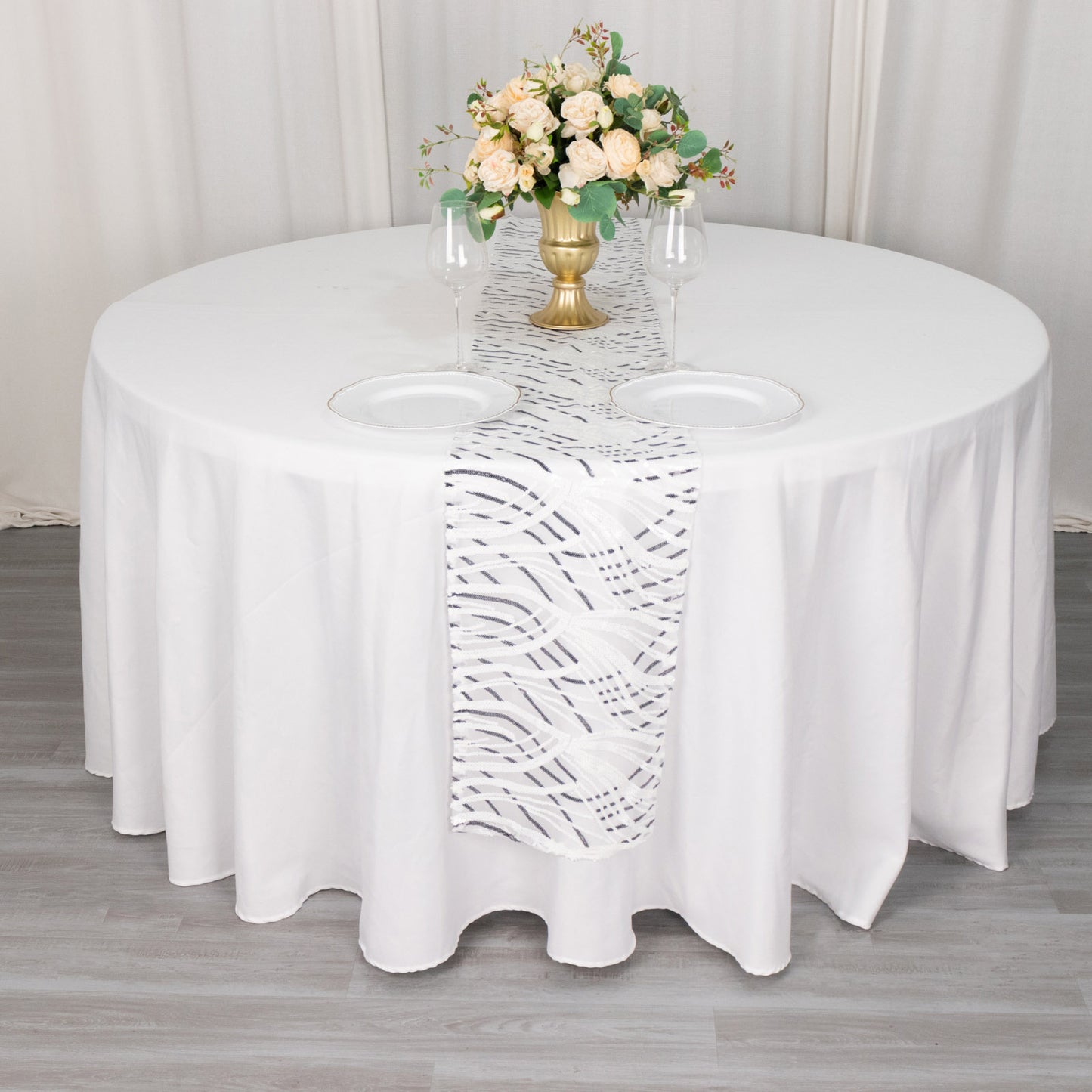 12"x108" White Black Wave Embroidered Sequins Table Runner