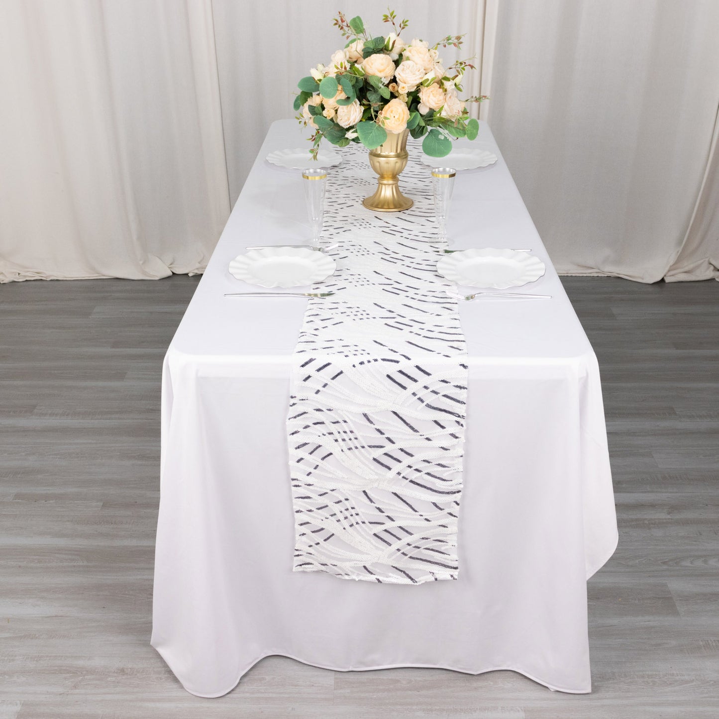 12"x108" White Black Wave Embroidered Sequins Table Runner