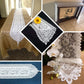 White lace table runner on various surfaces.