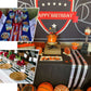 Red and white stripe satin table runners on a decorated birthday table.