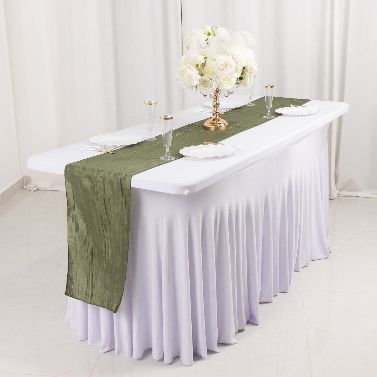 12"x108" Dusty Sage Green Accordion Crinkle Taffeta Linen Table Runner