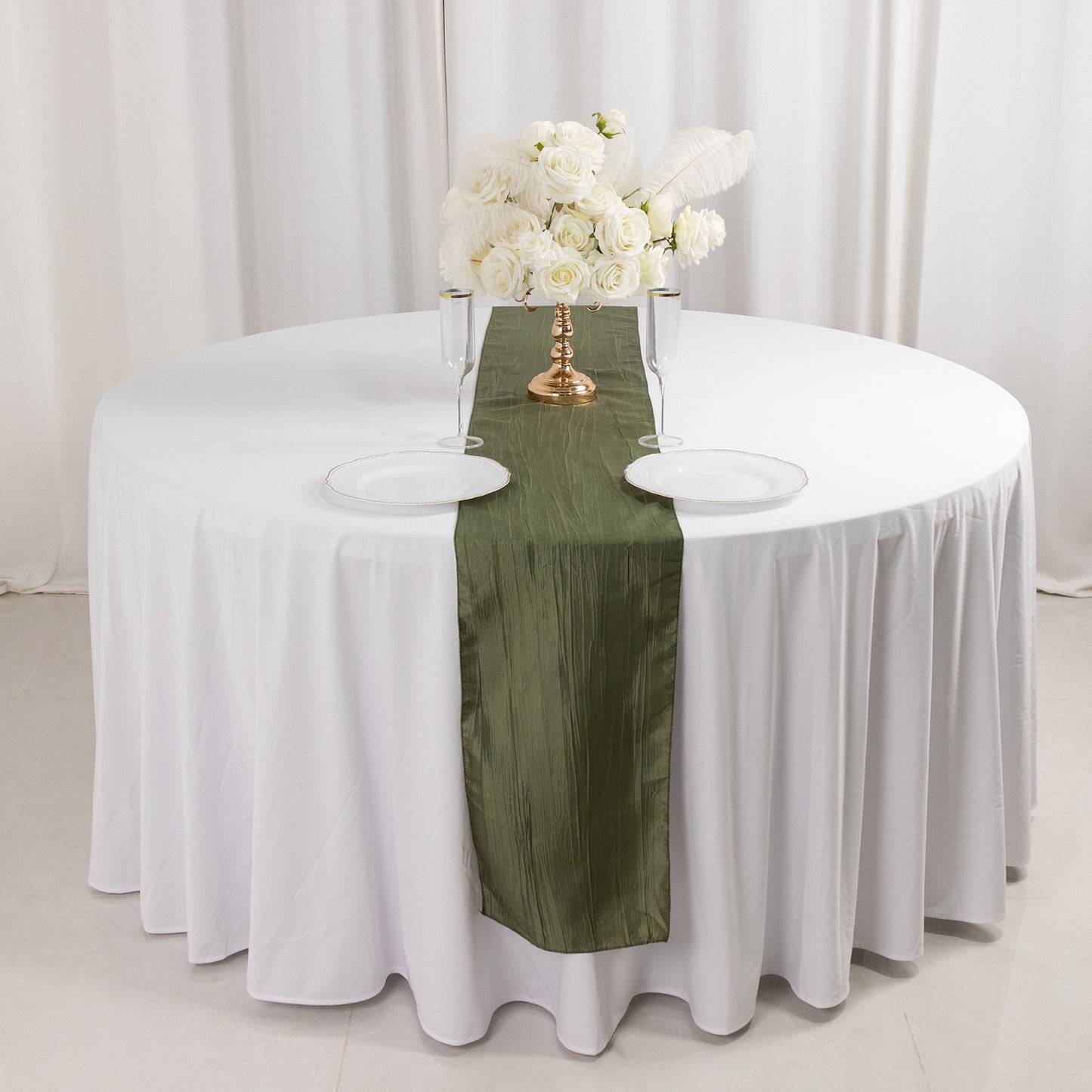 12"x108" Dusty Sage Green Accordion Crinkle Taffeta Linen Table Runner