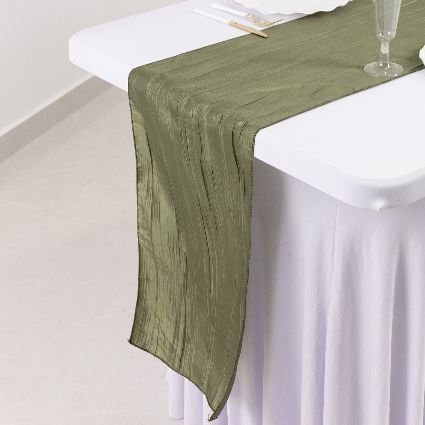 12"x108" Dusty Sage Green Accordion Crinkle Taffeta Linen Table Runner