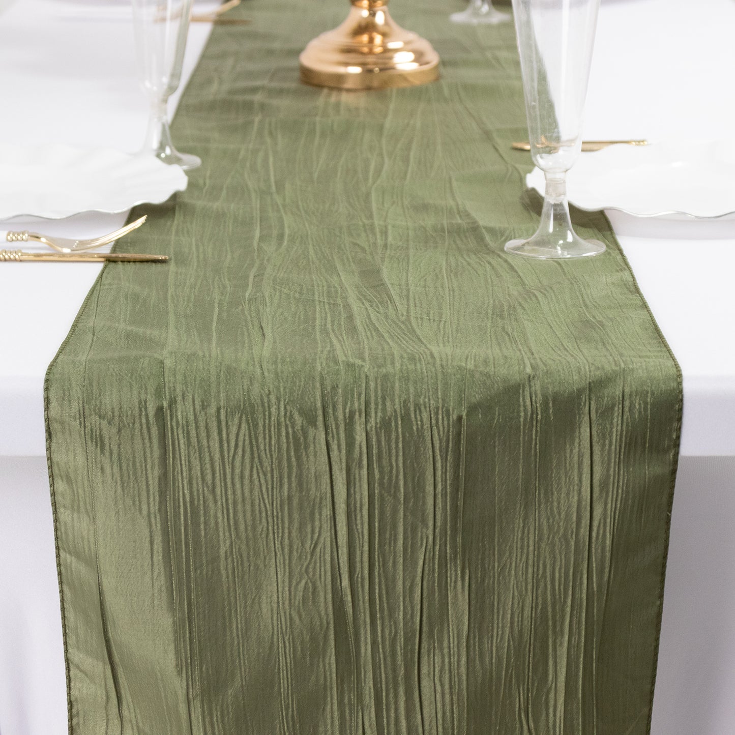 12"x108" Dusty Sage Green Accordion Crinkle Taffeta Linen Table Runner