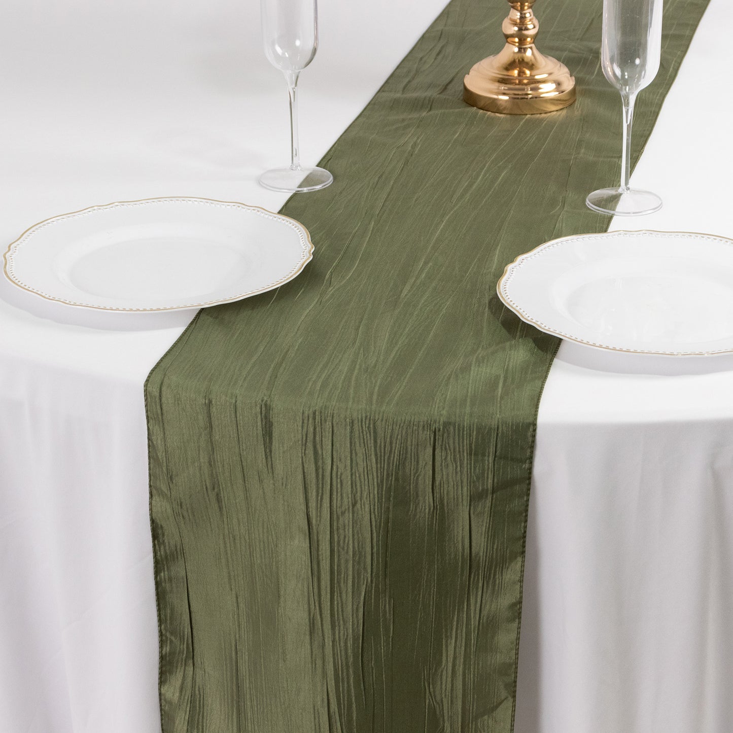 12"x108" Dusty Sage Green Accordion Crinkle Taffeta Linen Table Runner