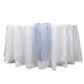 9ft Dusty Blue Sheer Crinkled Organza Table Runner on a white table.