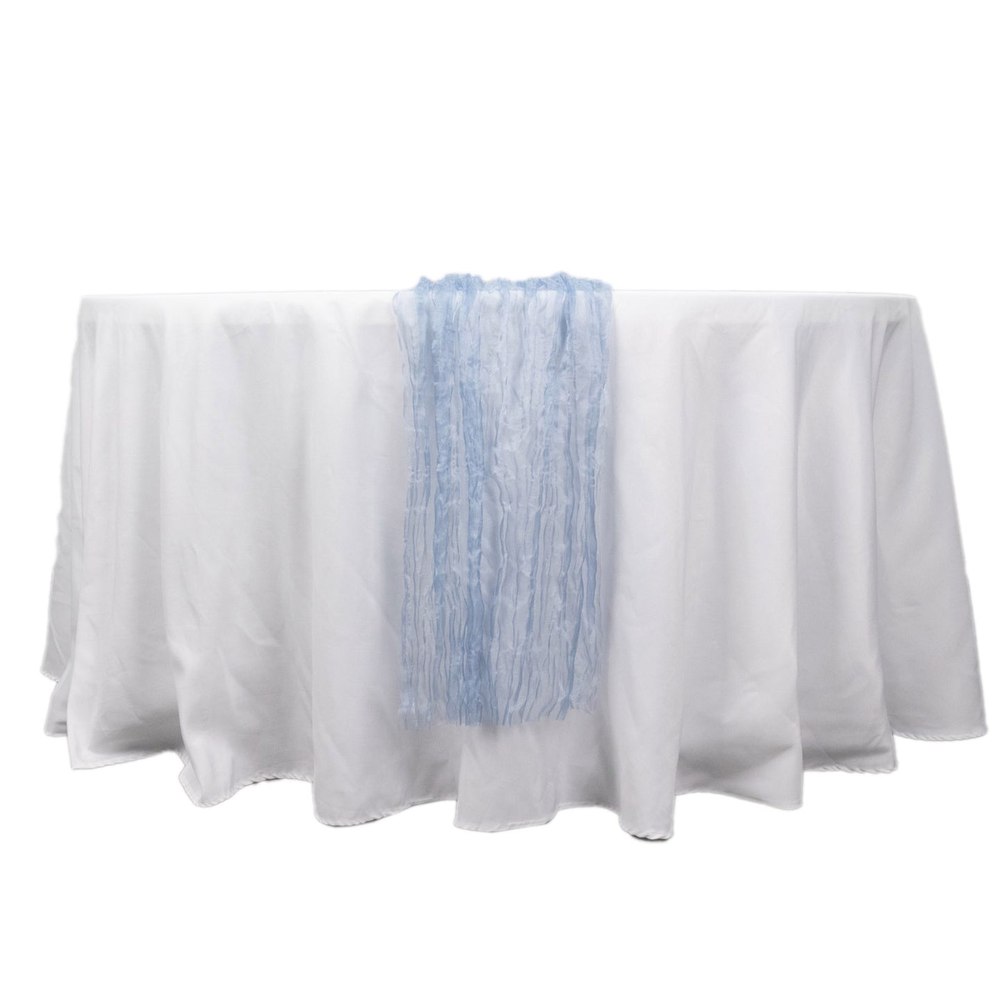 9ft Dusty Blue Sheer Crinkled Organza Table Runner on a white table.