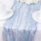 9ft Dusty Blue Sheer Crinkled Organza Table Runner on a white table setting.