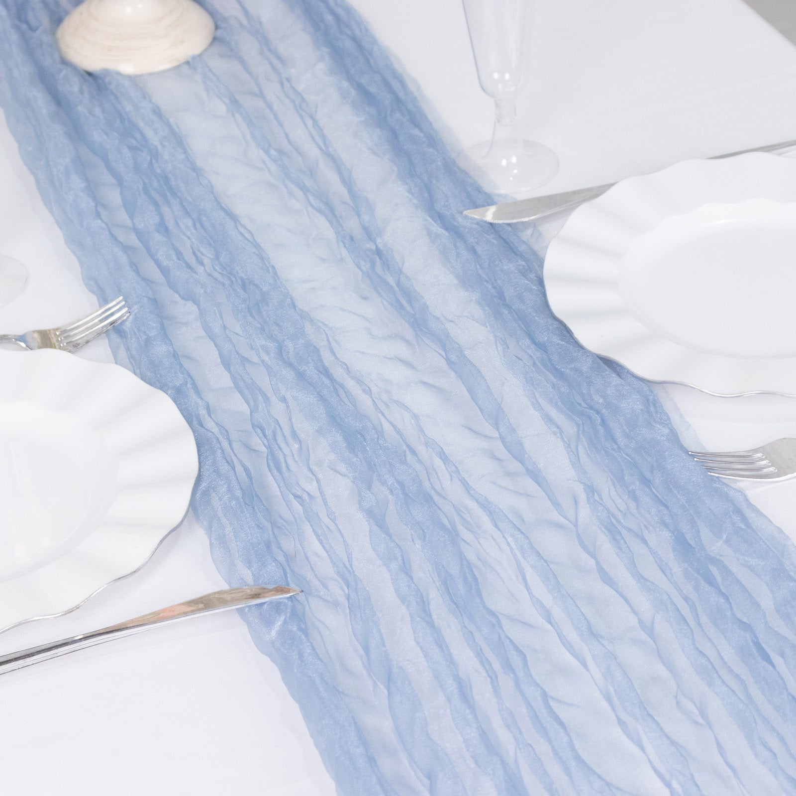 9ft Dusty Blue Sheer Crinkled Organza Table Runner on a white table setting