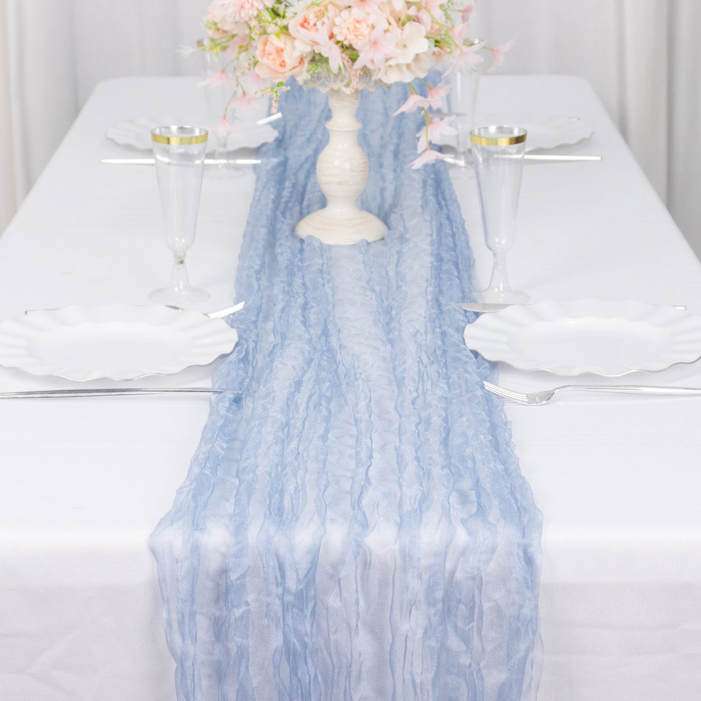 9ft Dusty Blue Sheer Crinkled Organza Table Runner on a white table setting.